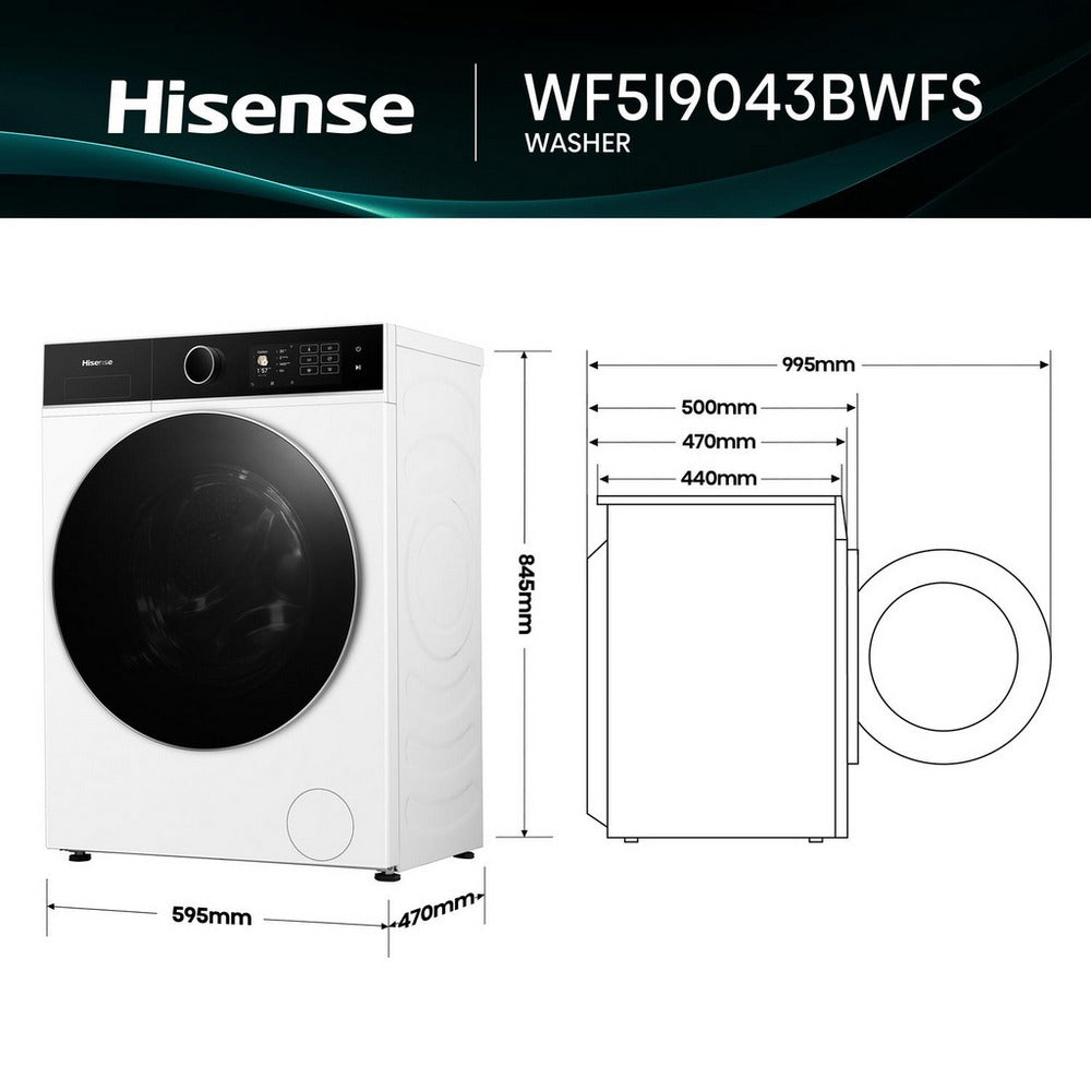 Hisense KitchenFit 5i Series WF5I9043BWFS 9kg 1400 Spin WiFi-enabled Freestanding Washing Machine White