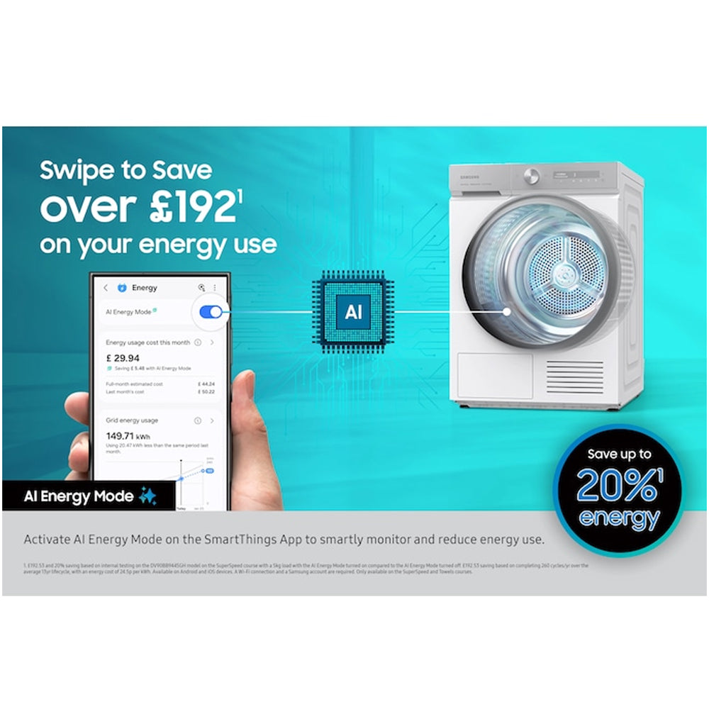 Samsung Series 9 DV90F09F4SU1 with AI Home 9kg Heat Pump Tumble Dryer Dark Steel